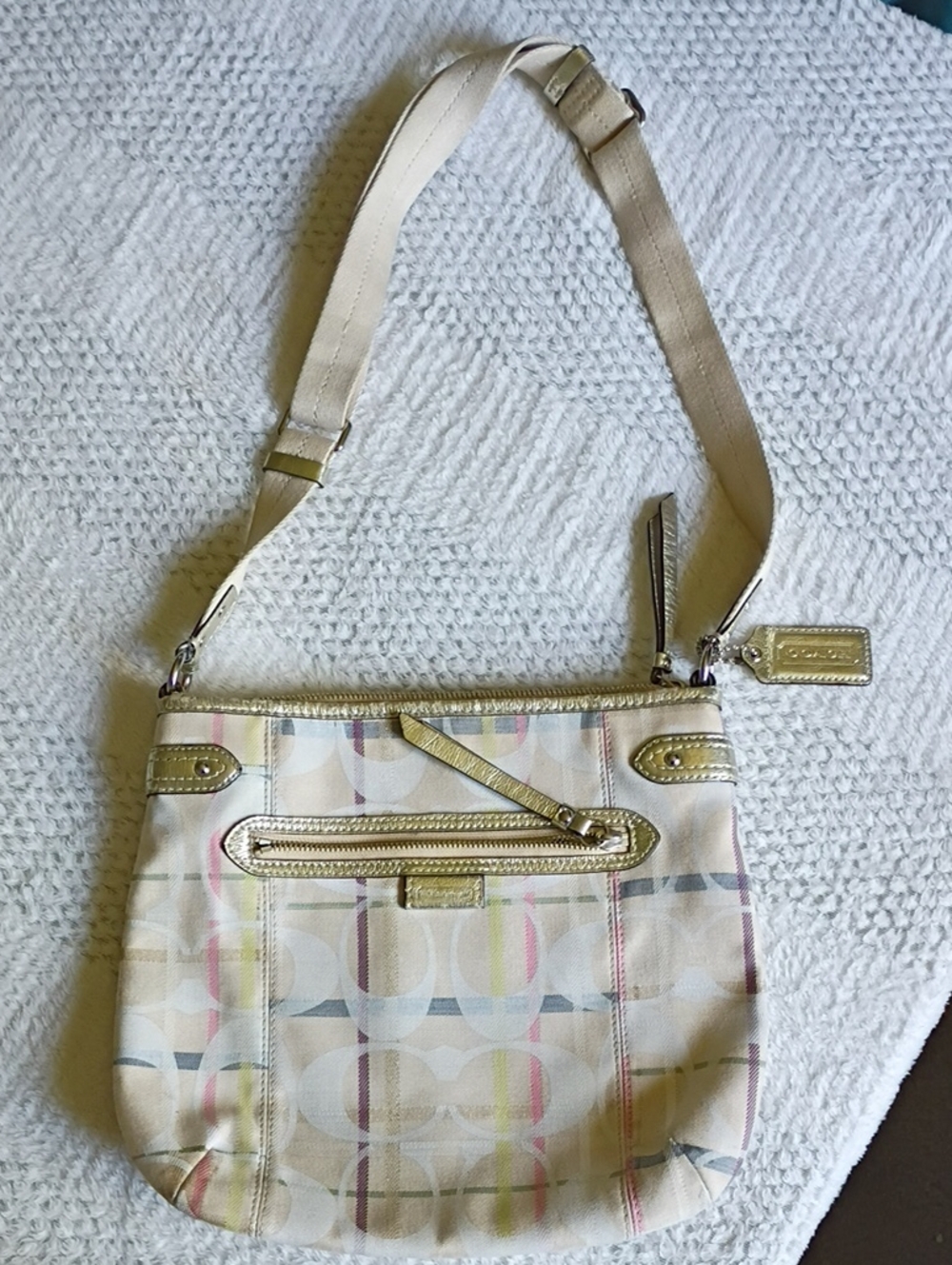 Coach Cream Signature Crossbody with Pastel plaid Accents